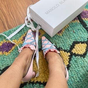 Manolo Blahnik Marie Antoinette Rohan Shoes. Pink and Blue Lace up.